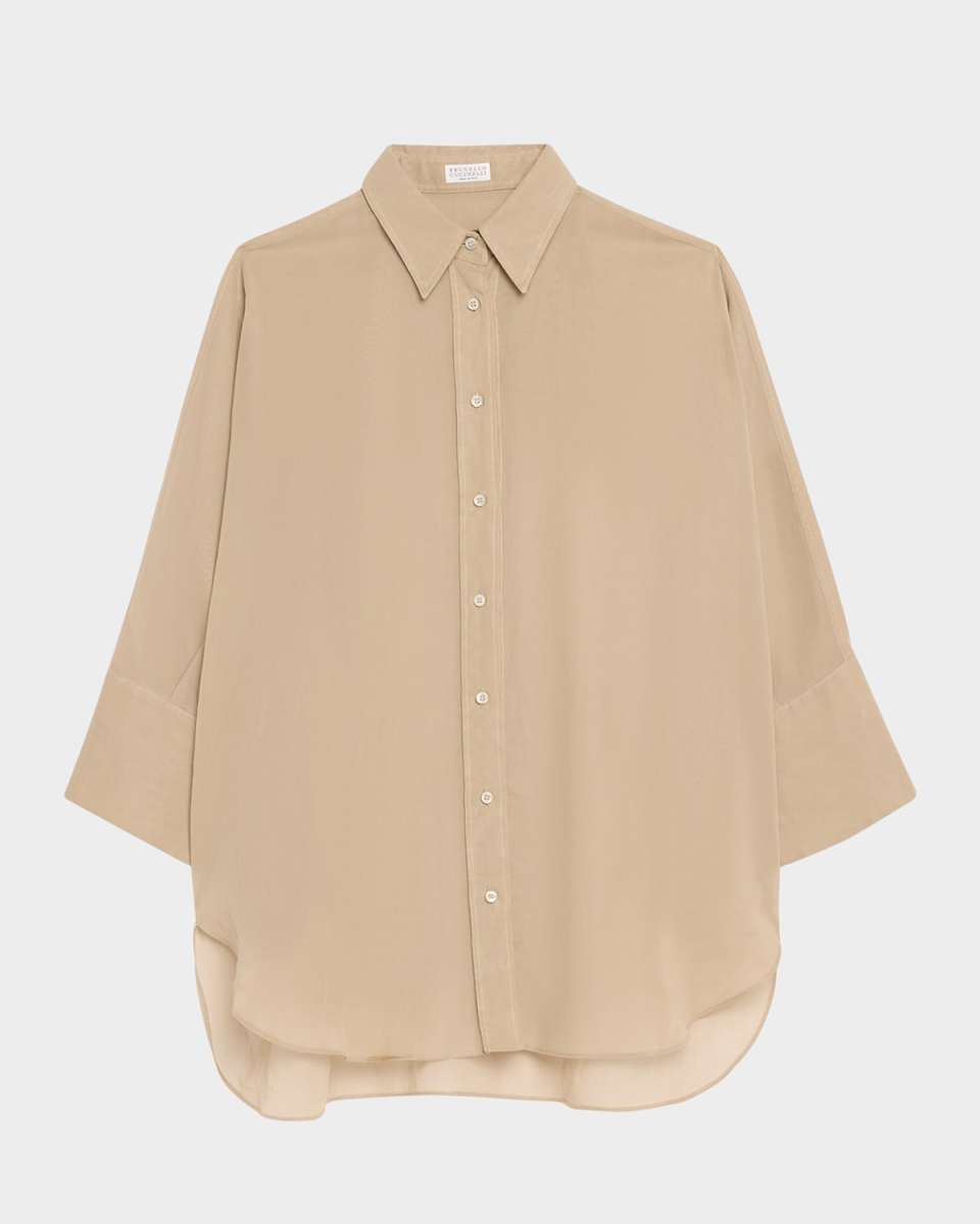 Embroidered-Cuff Cotton Gauze 3/4-Sleeve Shirt